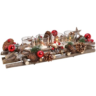 itsisa Adventsgesteck Holz mit Zapfen und roten Kugeln - Adventskranz, Adventsdeko, Advent, Weihnachten Deko