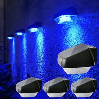 Lacasa Solar Wandleuchte Aussen, 4 Stück Blaues Licht Solarlampen für Außen Garten LED Solarleuchten Solarzaunleuchten mit ON/OFF Schalter für Zaun Terrasse, Licht die Ganze Nacht, IP65 Wasserdicht
