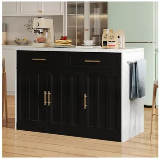 Odikalo Kücheninsel küchenschrank mit Steckdosen & USB-Anschlüsse weiss/schwarz/blau, (120x60x91cm, Kücheninsel, Steckdosen, USB-Anschlüsse, 1,5m langes Netzkabel, verstellbare Einlegeböden, Metallgriffe, Handtuchhalter, Barbereich, geeignet für Wohnungen, Küchen und ähnliche Räume)