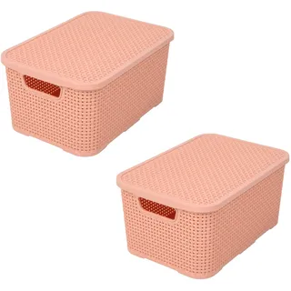 BranQ - Home essential Korb mit Deckel in Rattan Design 2er Set Grösse S 7l, Kunststoff PP, Lachsrosa, 28,5x19,5x12,9 cm, 2 Stk.