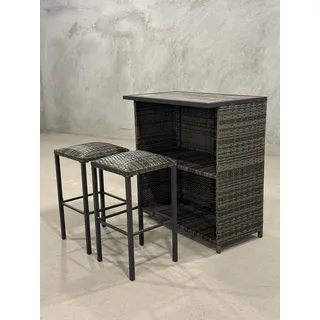 Bar Table and Stools Set with PE Rattan, Grey Gradient – Bar Table with 2 Durabl