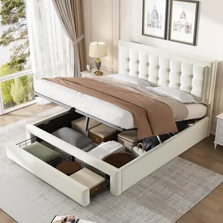 Laxnb Doppelbett Bett 140x200 cm Polsterbett, Jugendbett Bett mit Stauraum und Verstellbares Kopfteil, Schubladen und Hydraulisches Stauraumbett Bettgestell mit Lattenrost, Ohne Matratze, Samt Beige