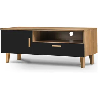 KONSIMO® TV-Schrank FRISK TV-Board Fernsehschrank Lowboard mit Schublade und Türe, Füße 14 cm, Skandinavischer Stil schwarz