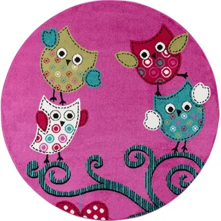 KADIMA DESIGN Kinderteppich TASNA Spielteppich Kinderzimmer Waschbar Strapazierfähig, Rund, Höhe: 13 mm, 120x120 cm, Fußbodenheizung Kurzflorteppich Eule Polypropylen Waschbar lila Rund | 120 cm x 120 cm x 13 mm