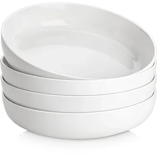 MALACASA Suppenteller 4er Set, 1440ml Suppenschalen Porzellan Pastaschüssel Set, Φ23.5cm Breite und Flache Spaghetti Tiefteller, Nudelschalen, Große Salatschalen, Serie LUNA Weiß