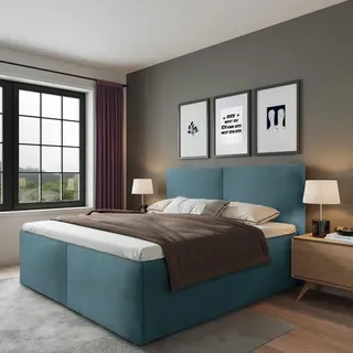 Halmon Schlafkomfort Betten Polsterbett Milano Blau 160 x 200 x 40 cm Stauraum Mit hochwertiger Matratze H3 (bis 120 kg) und Lattenrost