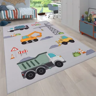Kinderteppich PACO HOME "Bino 579" Teppiche Gr. B/L: 200 cm x 290 cm, 4 mm, 1 St., grau Kinder Kinderzimmerteppiche Spielteppich, Motiv Autos & Baustelle, Kinderzimmer