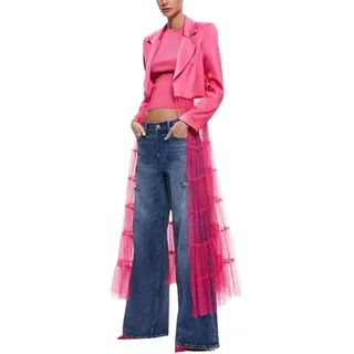 Damen Revers Satin Tüll Spleißen Slim Suit Cardigan Jacke Casual Elegant Sparkly Langarm Swing Blazer Oberbekleidung für Büro, rose, S - S