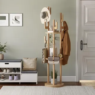 MSFE Garderobenständer, Drehbarer Jackenständer Massivholz Baumförmige Kleiderständer holz mit 3 Ablageflächen und 9 L-förmige Haken,360-Grad-Drehung,für Kleidung,Hut,Handtasche,für Flur,Schlafzimmer
