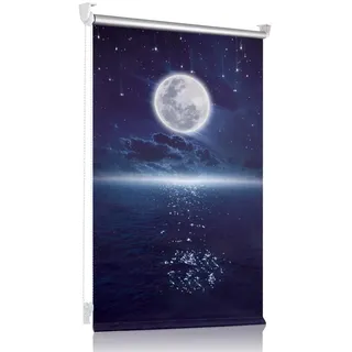Verdunklungsrollo ohne Bohren/mit Bohren Thermorollo klemmfix Mond und Sterne Fluoreszierend B65 x H120 cm (Stoffbreite 60cm) Blau, Hitzeschutz und Sichtschutz, Wandmontage