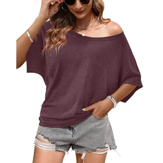 WNEEDU Schulterfreies Oberteil Damen Sommer Fledermaus T Shirt Longshirt | Off shoulder top, lässig basic locker Rundhals shirt - L