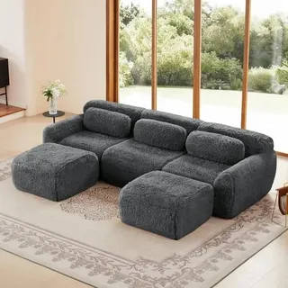 3-Sitzer Sofa + 2 Hockern U-förmiges mit Kissen, montagefrei, rahmenloses modulares Design, Rutschfester Boden, Plüschstoff für Wohnzimmer, Schlafz