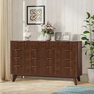 Garvee Kommode mit 9 Schubladen, Sideboard im Retro-Stil mit Riffel-Optik & Metallgriffen, Großer Schubladenschrank für Schlafzimmer, Wohnzimmer & Flur, Vintage Design, Eiche Dunkelbraun