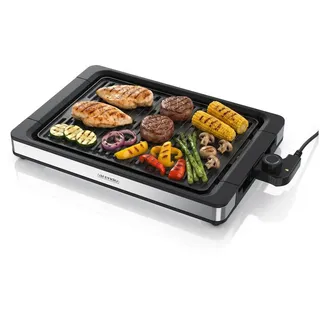 Arendo Tischgrill Edelstahl Elektrogrill, bis 250 Grad, elektrisch, Antihaftbeschichtung, 1800 W, stufenlose Temperaturregelung, für Balkon, Garten & Indoor schwarz