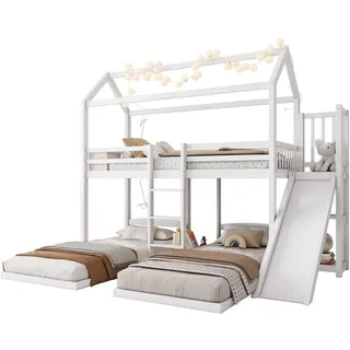 Etagenbett, Kinderbett, Stabile Bettrahmenkonstruktion, mit Rutsche, Einzigartiges Dachdesign, Design mit drei Schlafplätzen, Stauraum im oberen Bett - Weiß