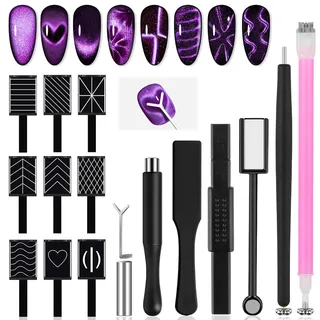 TOROKOM 17-teiliges Cat Eye Nagelmagnet Set – Magnetische Stahlkugel-Pens | Doppelkopf-Magnetstift, Y-förmiger & Quadratischer Magnet, 9 Design-Magnetplatten für Nail Art, DIY & Profi