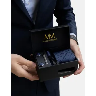 MASSI MORINO Krawatte Dunkelblau Quadrat mit Einstecktuch Set Herren inkl. Manschettenknöpfe, Krawattennadel und Geschenkbox | Männer Krawattenset zur Hochzeit - Einheitsgröße
