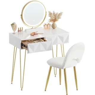EUGAD Schminktisch mit Spiegel, LED-Beleuchtung, Samthocker, 2 Schubladen | Helligkeit Einstellbar, Frisiertisch mit Hochglanzplatte 80x40 cm, Schnelle Montage, Modern, Weiß + Gold
