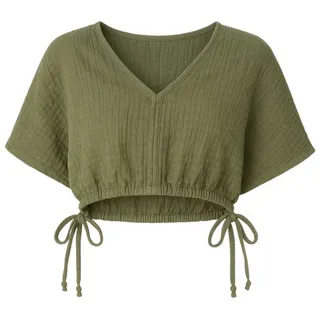 WENOR Crop-Top Musselin Bluse Cropped-Oberteil mit Tunnelzug und V-Ausschnitt Elastischer Bund mit Kordelzug, Überschnittene Schultern grün