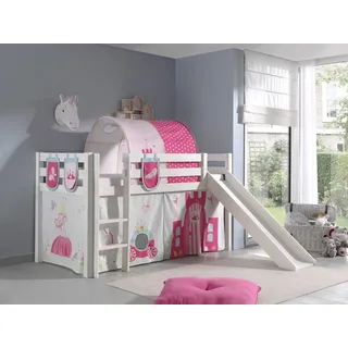 Spielbett Hochbett Kinderbett 90x200 Rutsche Vorhang Prinzessin Weiß Rosa Tunnel