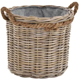 Großer Pflanzkorb Holzkorb rund Grau Natur Rattan mit Seilrand/Übertopf aus Rattan (Klein mit Inlett)