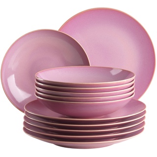 MÄSER 931732 Ossia, Teller-Set für 6 Personen im mediterranen Vintage-Look, 12-teiliges modernes Tafelservice mit Suppentellern und Speisetellern in Pink, Keramik
