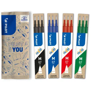 PILOT FriXion Ersatzminen 0.7 – 12 Stück, Farben Schwarz/Blau/Rot/Grün – FriXion Nachfüllminen mit radierbarer Tinte – Kompatibel mit FriXion Ball & Clicker – mittlere Stärke – Gel-Tintenrollermine