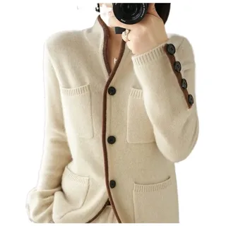 VATIVA Damen 100% Kaschmir Pullover Herbst/Winter Stehkragen Cardigan Casual Knit Tops Jacke - L