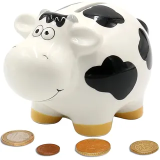 Sparfigur, Spartier, Spardose, Sparbüchse, Kinderspardose, Sparschwein als Kuh in schwarz/weiß, aus Keramik mit wiederverschließbarem Gummistopfen, L/B/H 9 x 13 x 9 cm.