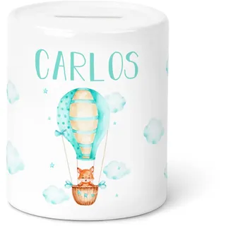GRAVURZEILE Spardose für Kinder - Ballon Fuchs Design - mit Namen personalisiert - Geschenk für Jungen & Mädchen zum Geburtstag Kommunion Geburt Einschulung Weihnachten - Farbe: Spardose Blau