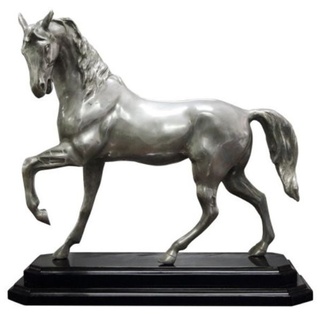 Casa Padrino Luxus Bronzefigur Pferd mit Holzsockel Silber / Schwarz 42 x 17 x H. 40 cm - Versilberte Deko Figur