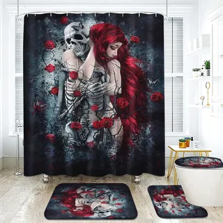 Fadaing Totenkopf Duschvorhang 180 x 200 180 x 180 Schädel Muster Gothic Duschvorhänge Wasserdichtes Polyeste Skull Duschvorhang Badezimmermatte 4-teiliges Set (200 x 200 cm,1)