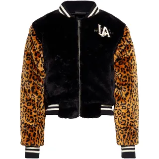 Queen Kerosin Damen College Fake-Fur-Jacke | Stickerei | Slim Fit | Retro | Vintage Style | Leo | Kunstfell | Plüsch-Optik L.a. 55