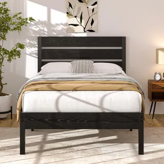 VECELO Bettgestell 90 x 200 cm, Einzelbett mit Dick Holzkopfteil und Metall Lattenrost, Stabil und Geräuschlos mit 31cm Stauraum, Industrial Design für Schlafzimmer, Schwarz
