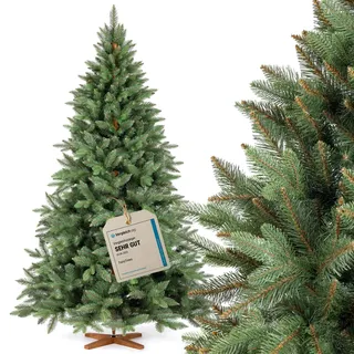 FAIRYTREES Weihnachtsbaum künstlich, Nordmanntanne Premium 220 cm, Naturgetreue Spritzguss Elemente, Made in EU, Künstlicher Weihnachtsbaum mit handgefertigtem Ständer aus Eschenholz