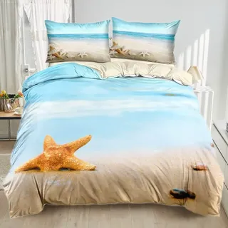 Damier Bettwäsche Meer Strand 155x220cm Bettwäsche-Set 3 teilig Weiche Mikrofaser 3D-Digitaldruck Bettbezug mit Reißverschluss und 1 Kissenbezüge 80 x 80 cm