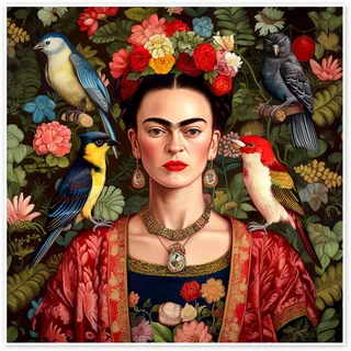 Mark Ashkenazi Frida Kahlo, Vögel Poster 30 x 30 cm | Pop-Art-Collage mit mexikanischer Folklore | Farbenfrohe Blumen, exotische Vögel & botanische Details