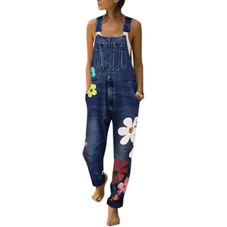 shownicer Damen Denim Jeans Latzhose Overall Blumen Jeansoptik Klasse Vintage Jeans Lang Lässig Baggy Stylisch Jumpsuit Hüftjeans Dunkelblau 40 - 40