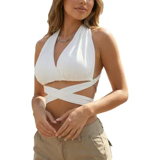 BKEPDY Damen Sexy Tank Top Neckholder Crop Top Y2K Rückenfrei V Ausschnitt Oberteil Ärmellos Blusentop Sommer Locker Casual Basic Solid Schulterfreies Tops - M