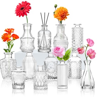 Glas Bud Vase Set von 12 verschiedenen Mustern. Kleine Mini Vintage Vasen für Blumen, Geschenkbox Klare Bud Vasen in Bulk, Nette Glasvasen für Mittelstücke Hochzeit Home Tisch Blume Dekor
