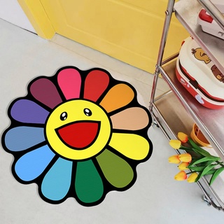 PIWINE Teppich mit Smiley-Gesicht, Blumenmuster und Regenbogenfarben, langlebig und rutschfest, mehrere Größenoptionen, geeignet für Heimdekoration und Bürogebrauch