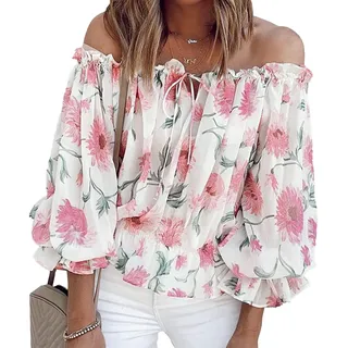 Ausla Damen Schulterfrei Blumenmuster Oberteil Sexy Trägerlos Glockenärmel Rüschen Top Sommer Elegant Carmenbluse mit Spitze(L-Weiß) - L