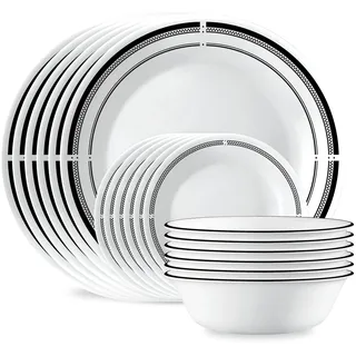 Corelle 18-teiliges rundes Geschirrset, Service für 6 Personen, leichtes rundes Teller- und Schüssel-Set, Vitrelle 3-lagiges Glas, splitter- und kratzfest, mikrowellen- und spülmaschinenfest,
