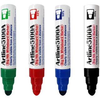 Artline 4er-Pack Whiteboard-Stifte (schwarz, rot, blau, grün) mit 5-mm-Rundspitze. Abwischbarer Whiteboard-Marker für Schule oder Büro. Original White-Board-Stifte