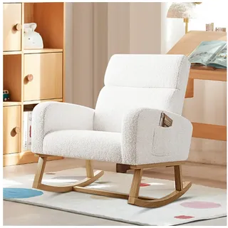 FUROKOY Schaukelsessel Schaukelstuhl mit Massivholzfüßen, für Schlafzimmer (Set, 1-St), 2 Seitentaschen,Teddystoff,Weiß weiß 69 cm x 87 cm x 78.5 cm