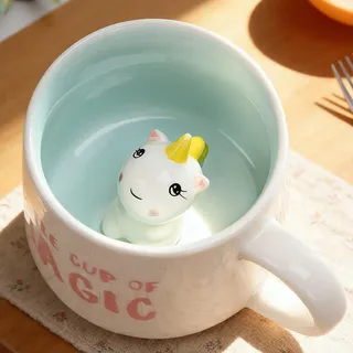 Busnos 3d Einhorn Keramik Tasse mit Löffel und Untersetzer 350ml Lustige Kaffeetasse Personalisiert Geburtstagsgeschenk für Frauen Kaffeeliebhaber Einhorn Geschenke für Frauen Mädchen