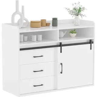 HOMAVO HG1-S Sideboard 107 cm – Modernes Wohnzimmer Sideboard mit 3 Schubladen, 1 Schiebetür & 2 offenen Fächern,Holz - Weiß