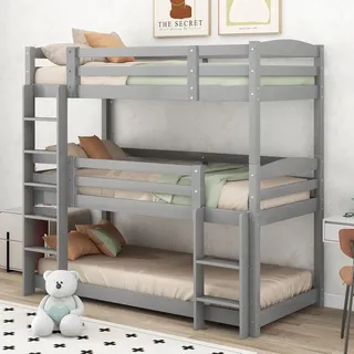 Etagenbett, 90*200cm, Single-Size-Holz-Dreier-Etagenbett für Kinder, Ohne Matratze, Grau - Grau