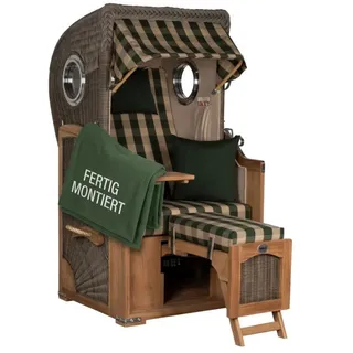 MR.DEKO Strandkorb Düne Single 1-Sitzer Bullauge Teak PE-Geflecht Grey 96x165x80, BxTxH: 96x80x165 cm, Vollieger, Düne Single, (Fertig montierter Strandkorb für Garten, Terrasse & Balkon, 1-tlg), Wetterfester Volllieger mit Edelstahlbeschlägen & waschbaren Polstern grün