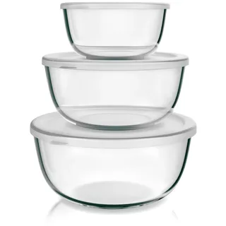 Arendo Salatschüssel 3er Set mit Deckel, Glasschüssel 1,1L / 2,7L / 4,4L, Glas Rührschüssel, Glas, (Set, 3-tlg), Glasschale, BPA-frei, spülmas... - Transparent
